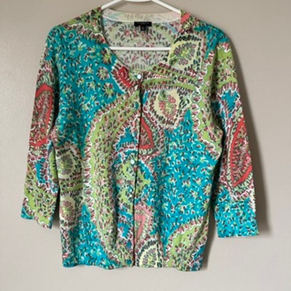 Talbots Petites Cardigan Sweater MP Paisley Floral Print Button Front Cotton
